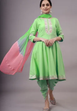Embroidered Rayon Punjabi Suit in Light Green
