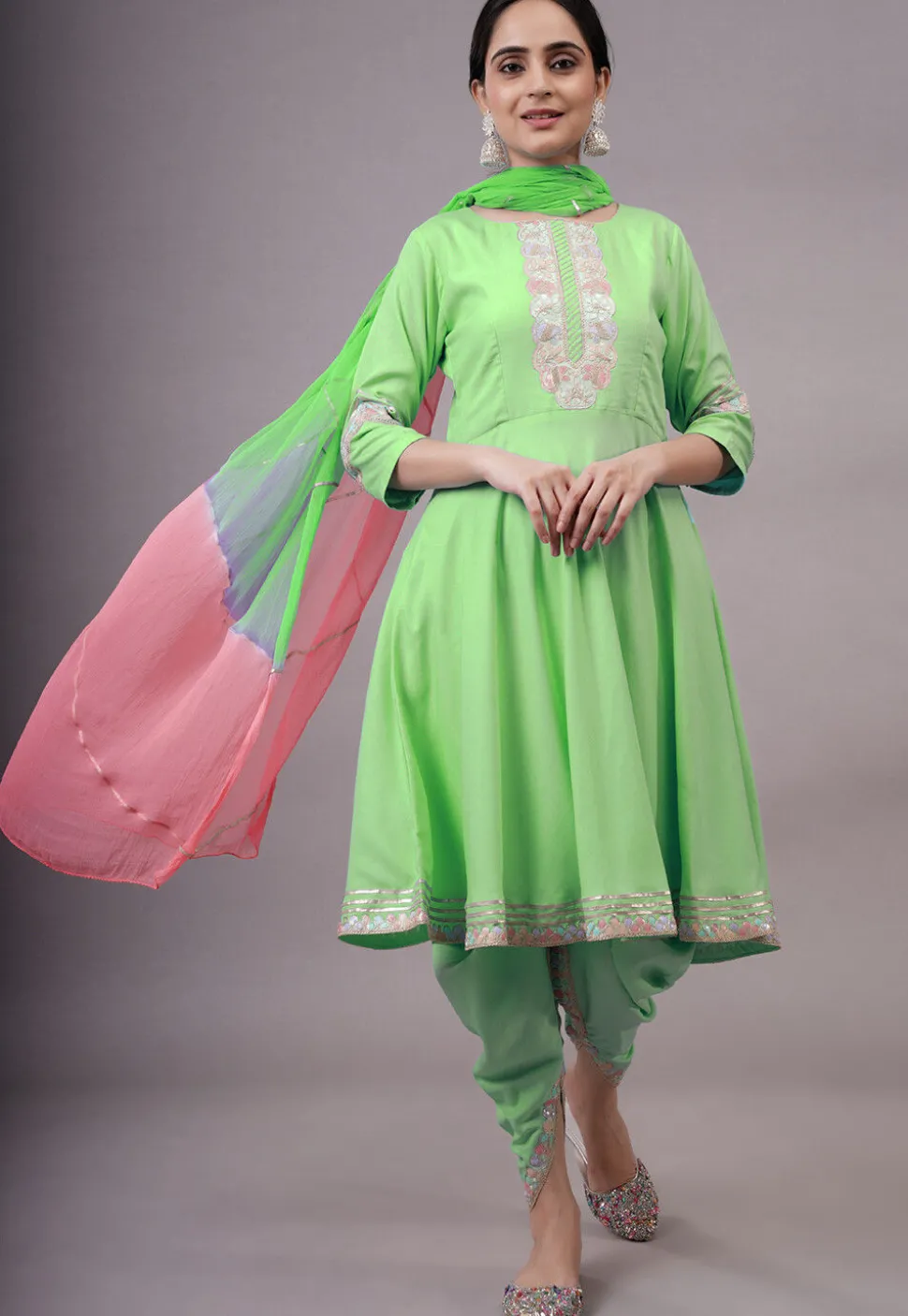 Embroidered Rayon Punjabi Suit in Light Green