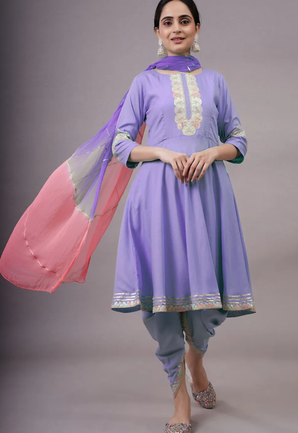Embroidered Rayon Punjabi Suit in Purple