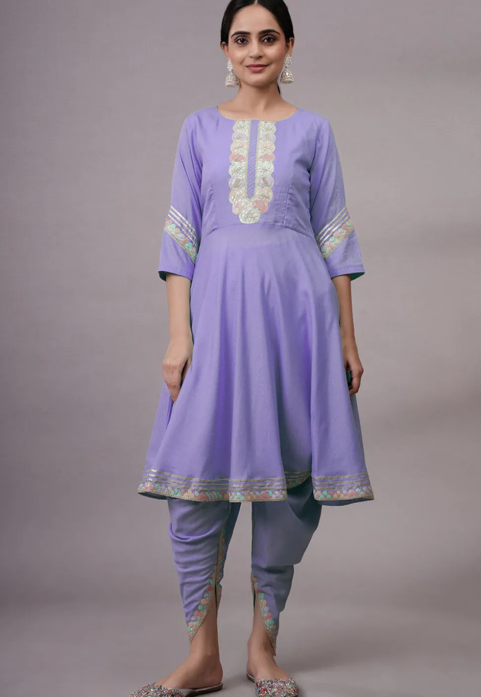 Embroidered Rayon Punjabi Suit in Purple