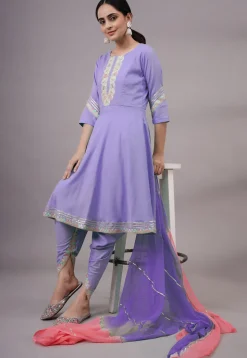 Embroidered Rayon Punjabi Suit in Purple