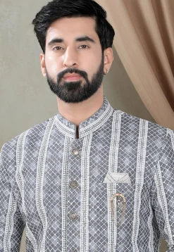 Embroidered Rayon Sherwani in Grey