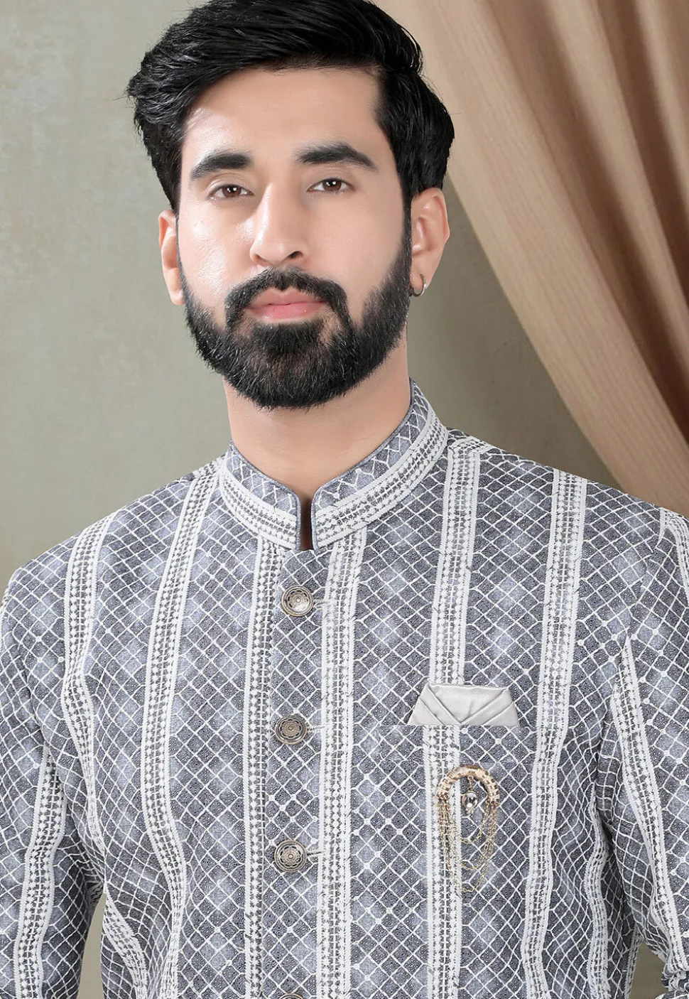 Embroidered Rayon Sherwani in Grey