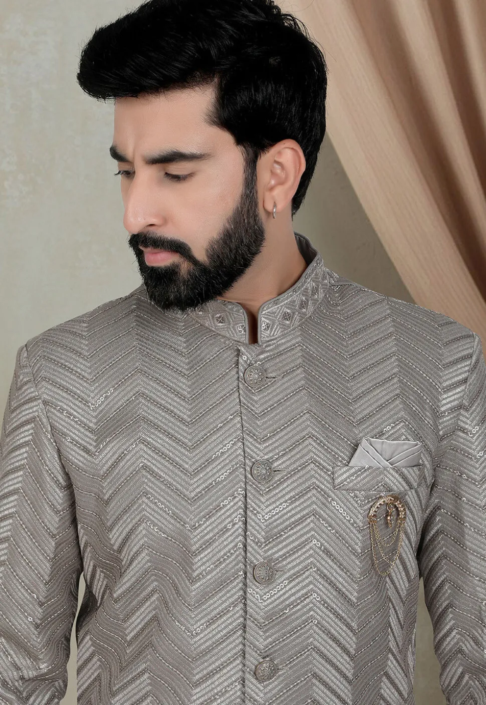 Embroidered Rayon Sherwani in Grey