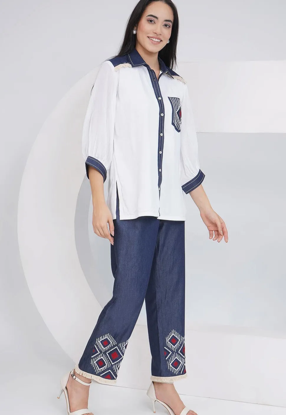 Embroidered Rayon Shirt Set in Off White