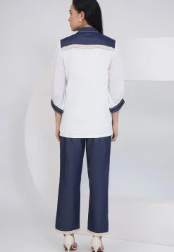 Embroidered Rayon Shirt Set in Off White