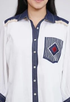 Embroidered Rayon Shirt Set in Off White