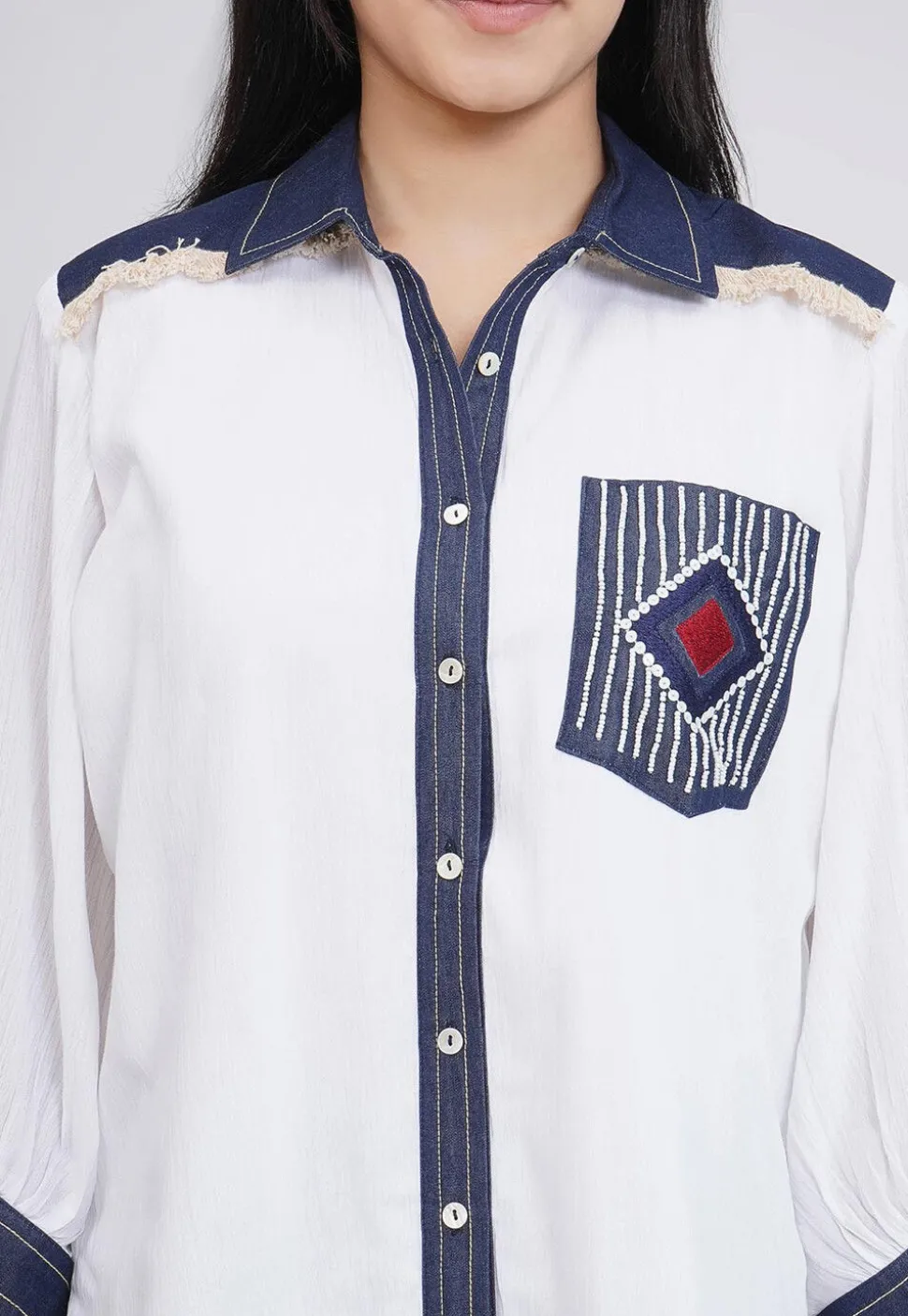 Embroidered Rayon Shirt Set in Off White