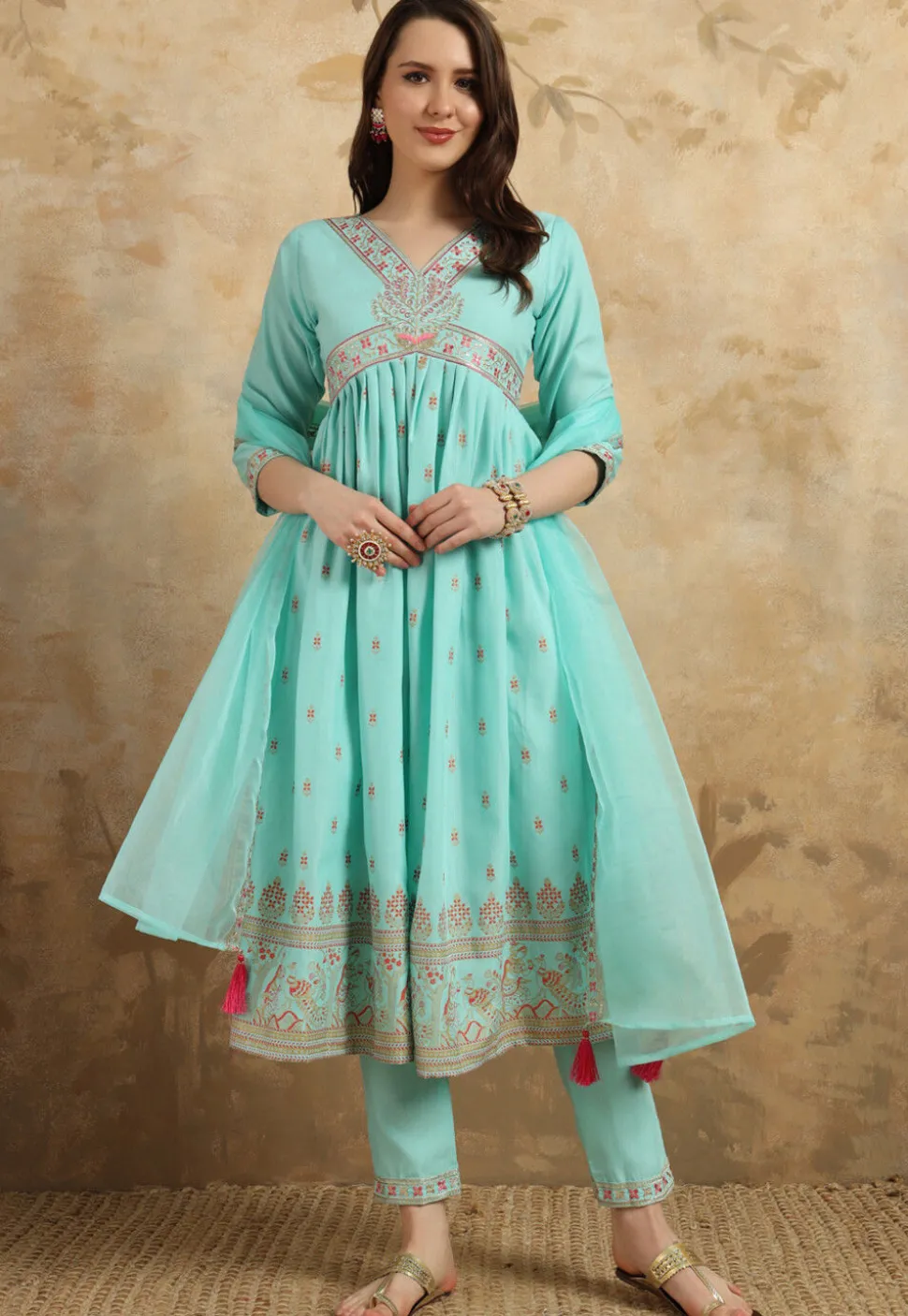 Embroidered Rayon Slub Aline Suit in Sky Blue