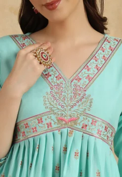 Embroidered Rayon Slub Aline Suit in Sky Blue