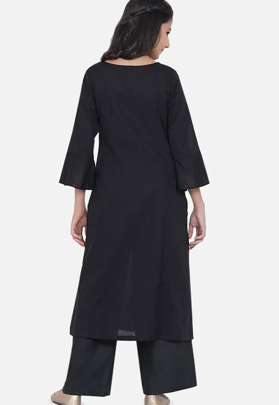 Embroidered Rayon Straight Kurta Set in Black