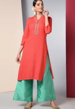 Embroidered Rayon Straight Kurta in Red