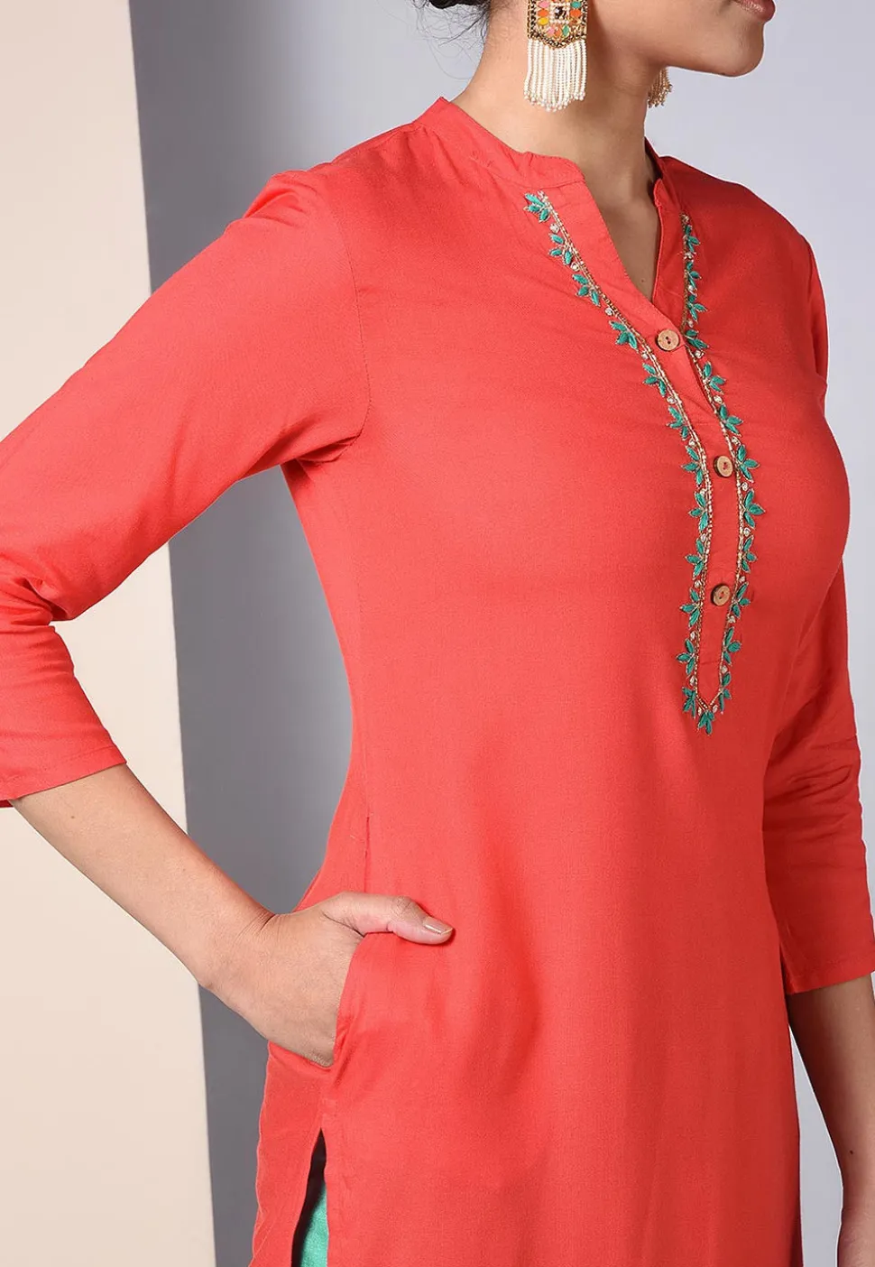 Embroidered Rayon Straight Kurta in Red