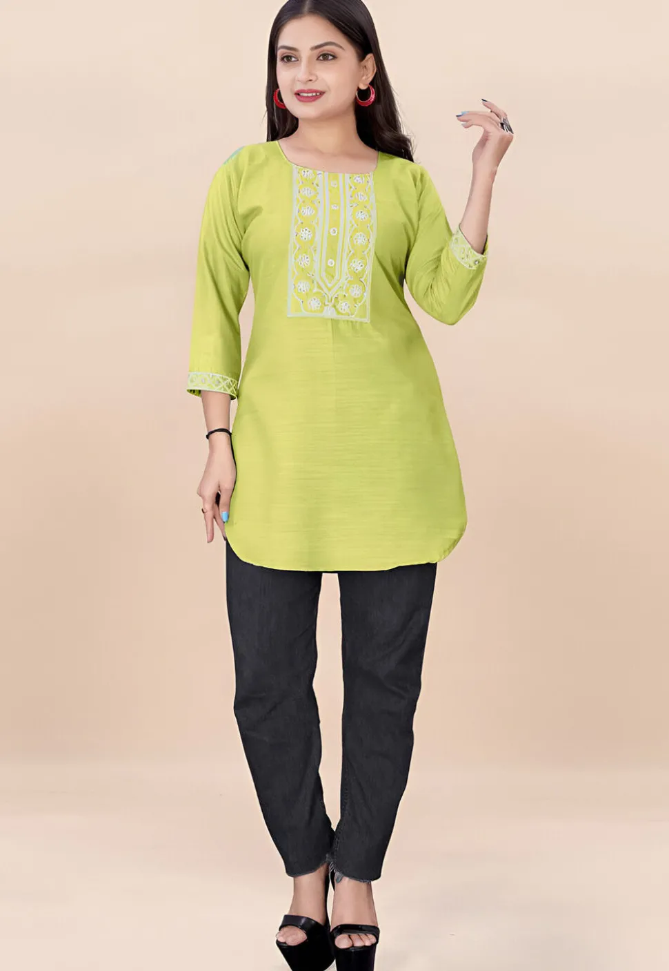 Embroidered Rayon Straight Kurti in Green