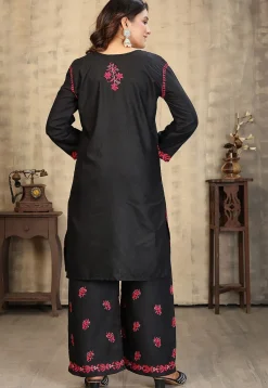 Embroidered Rayon Straight Kurta Set in Black