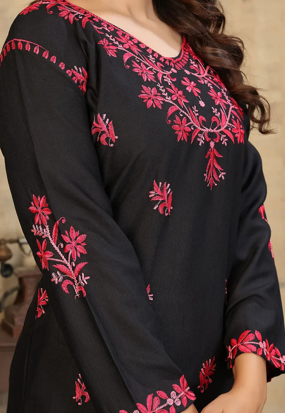 Embroidered Rayon Straight Kurta Set in Black