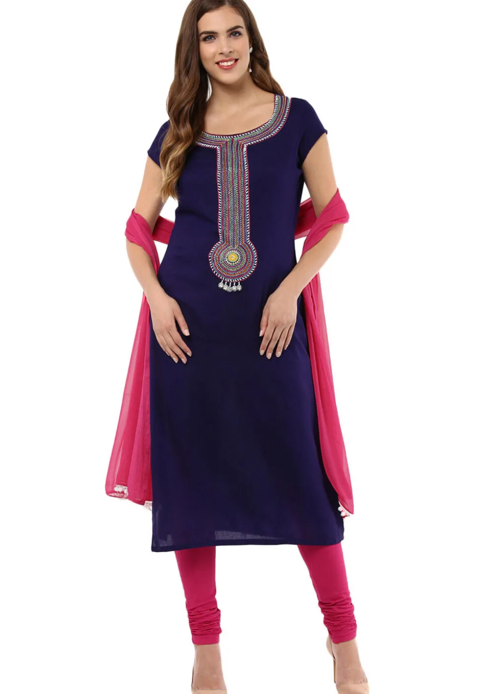 Embroidered Rayon Straight Suit in Navy Blue