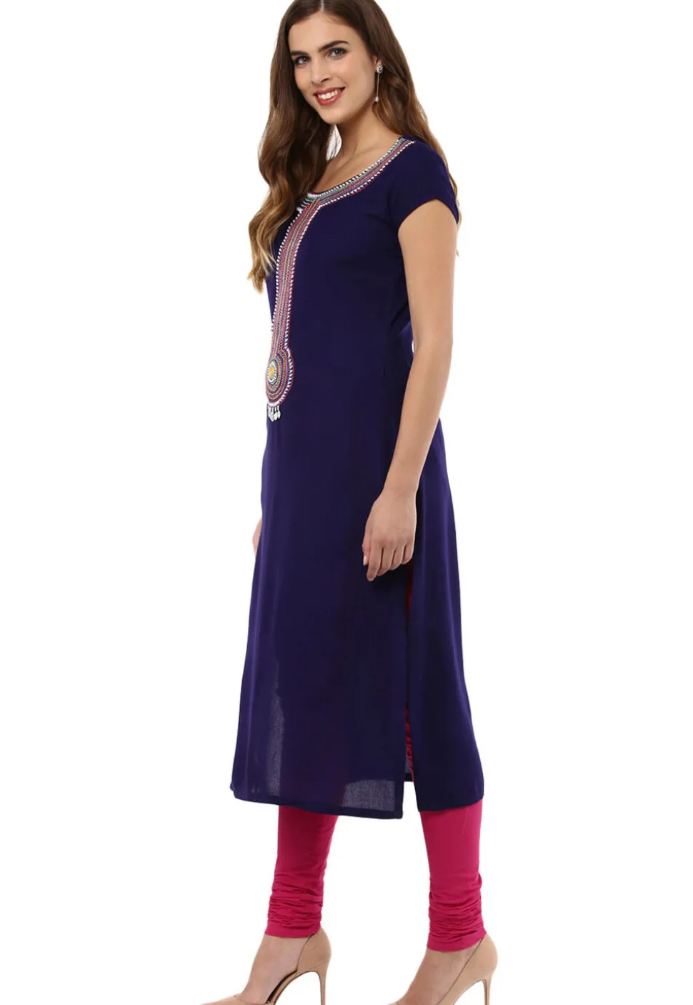 Embroidered Rayon Straight Suit in Navy Blue