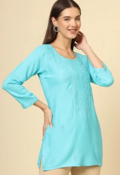 Embroidered Rayon Straight Kurti in Sky Blue