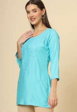 Embroidered Rayon Straight Kurti in Sky Blue
