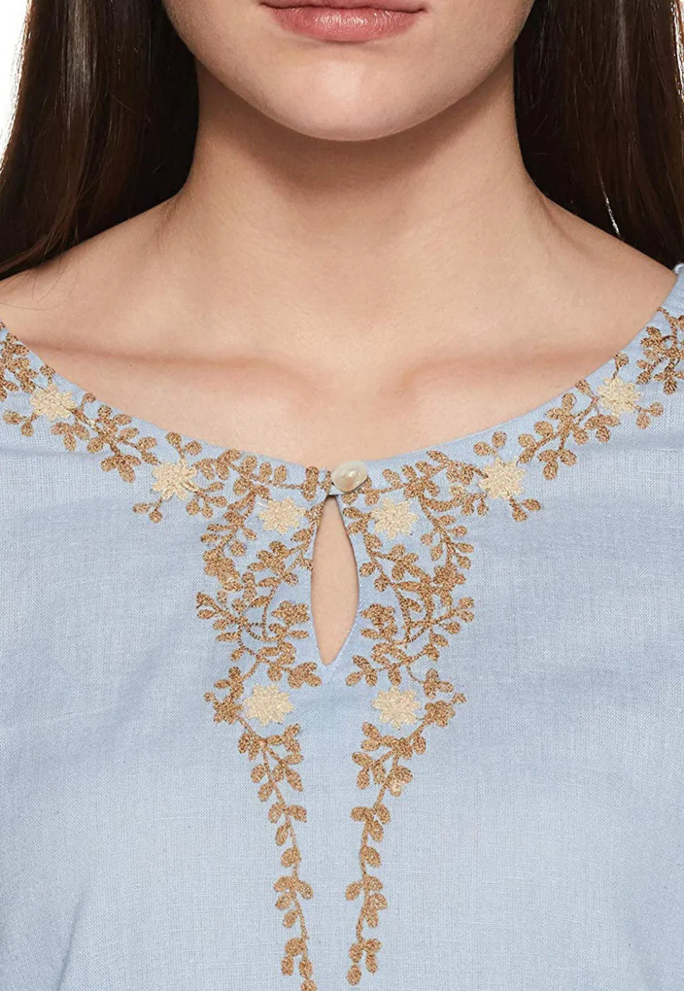 Embroidered Rayon Straight Kurti in Dusty Blue