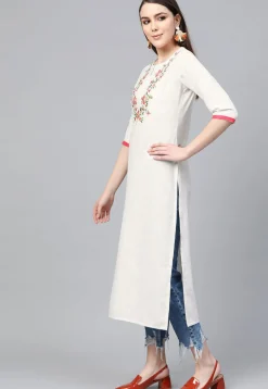Embroidered Rayon Straight Kurta in Off White