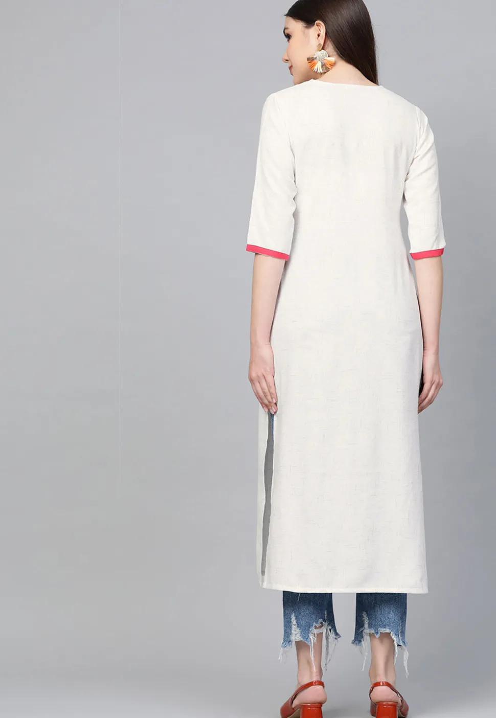 Embroidered Rayon Straight Kurta in Off White