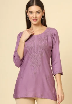 Embroidered Rayon Straight Kurti in Purple
