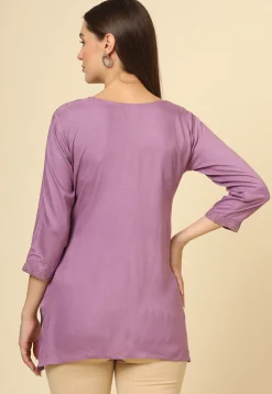 Embroidered Rayon Straight Kurti in Purple