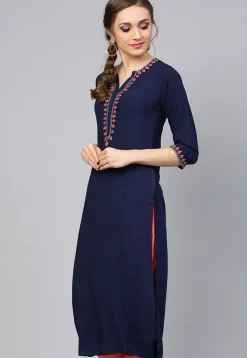 Embroidered Rayon Straight Kurta in Navy Blue
