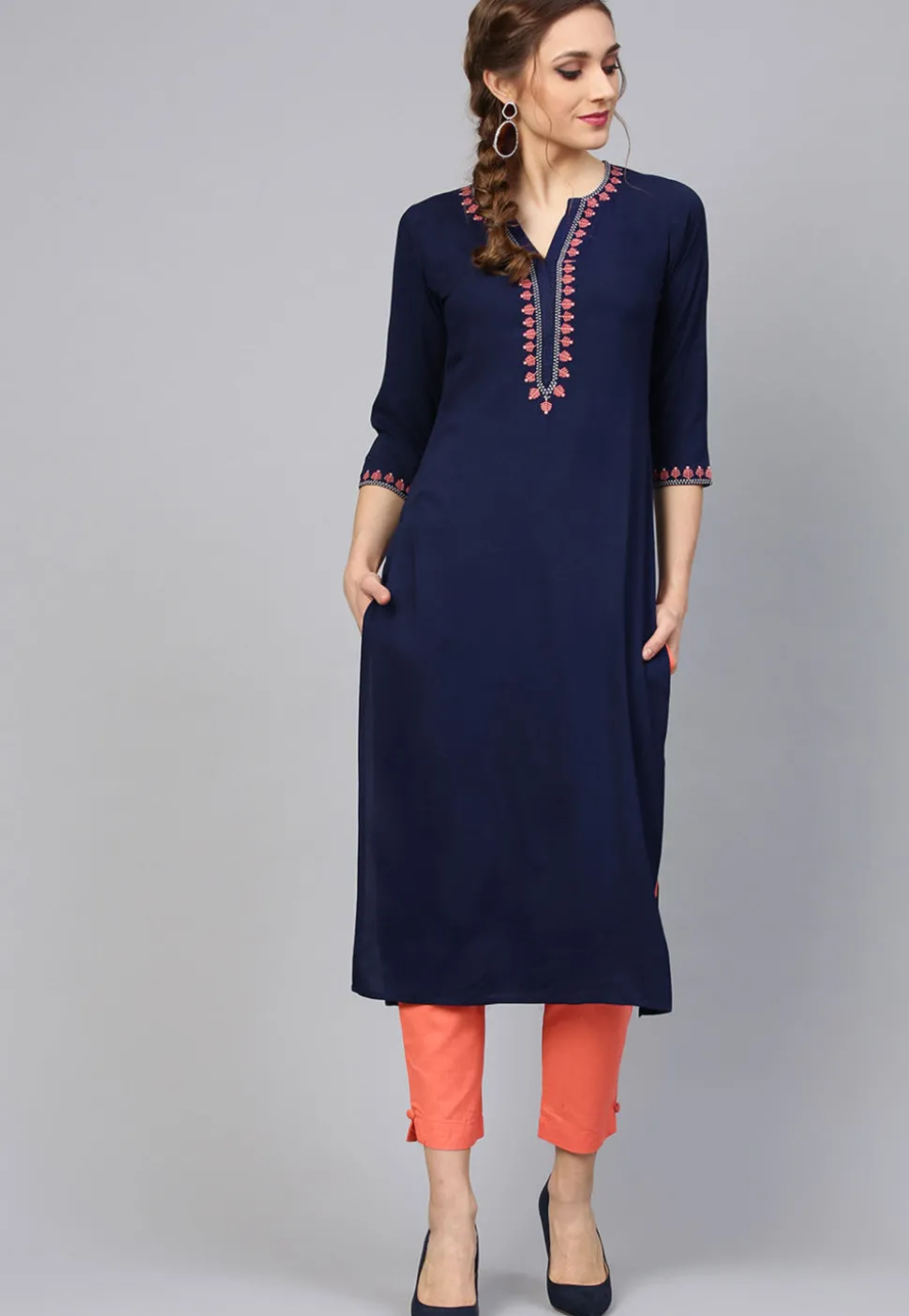 Embroidered Rayon Straight Kurta in Navy Blue