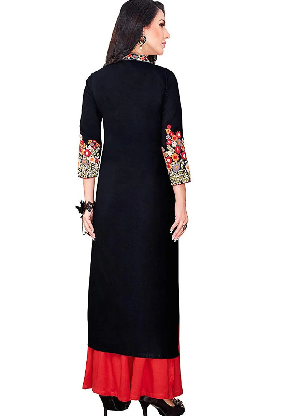 Embroidered Rayon Straight Kurta Set in Black
