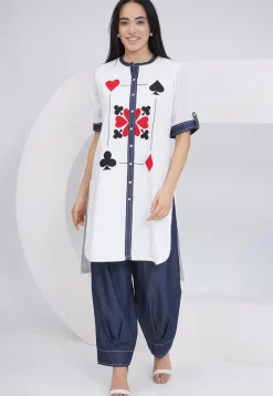Embroidered Rayon Straight Kurta Set in Off White