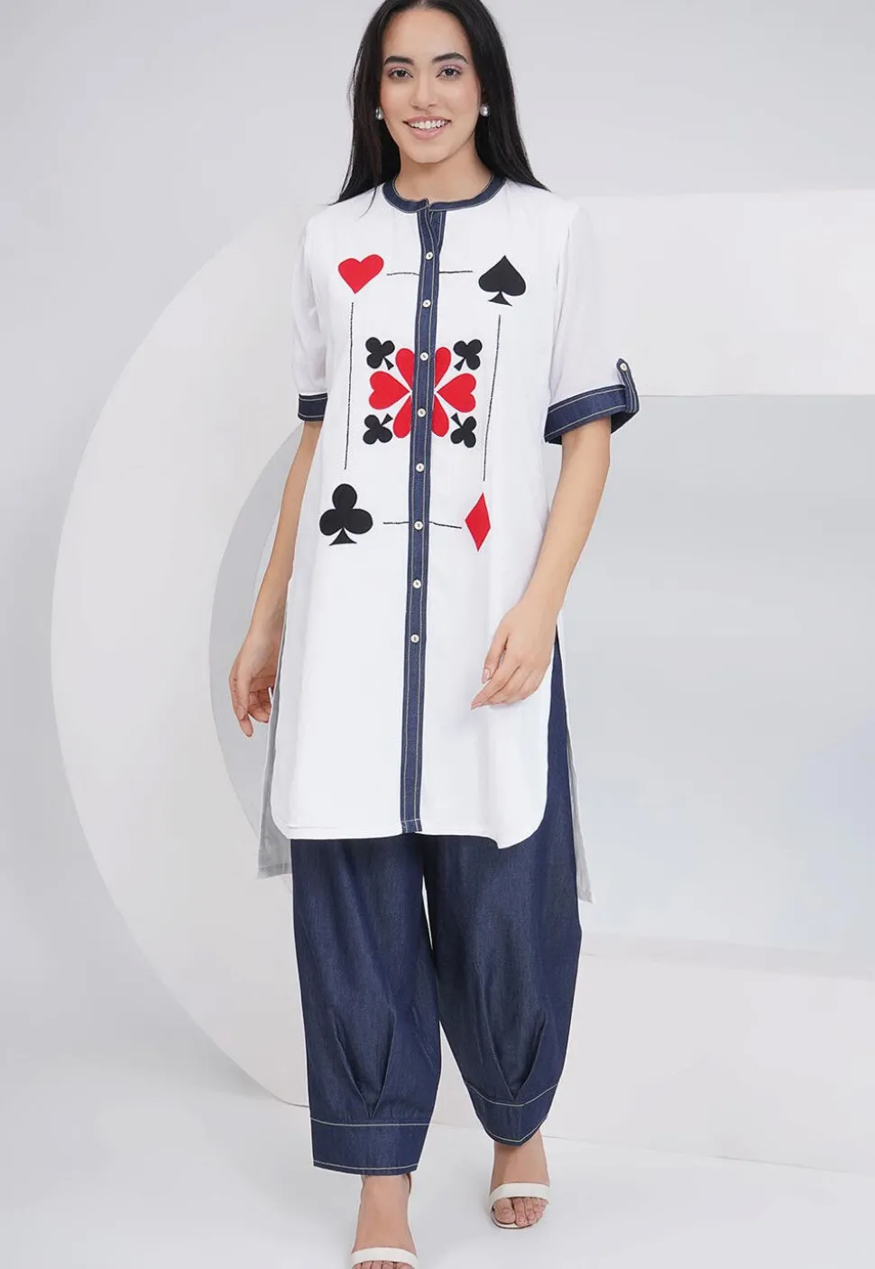 Embroidered Rayon Straight Kurta Set in Off White