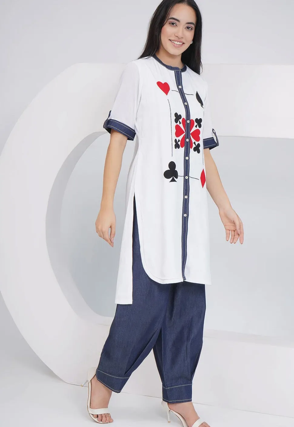 Embroidered Rayon Straight Kurta Set in Off White