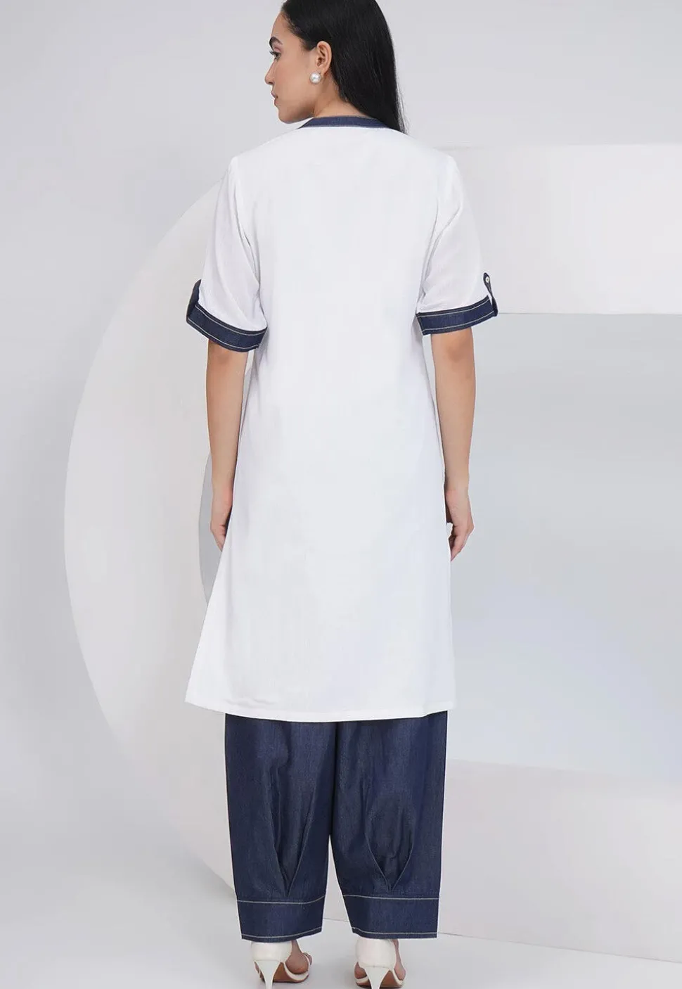 Embroidered Rayon Straight Kurta Set in Off White