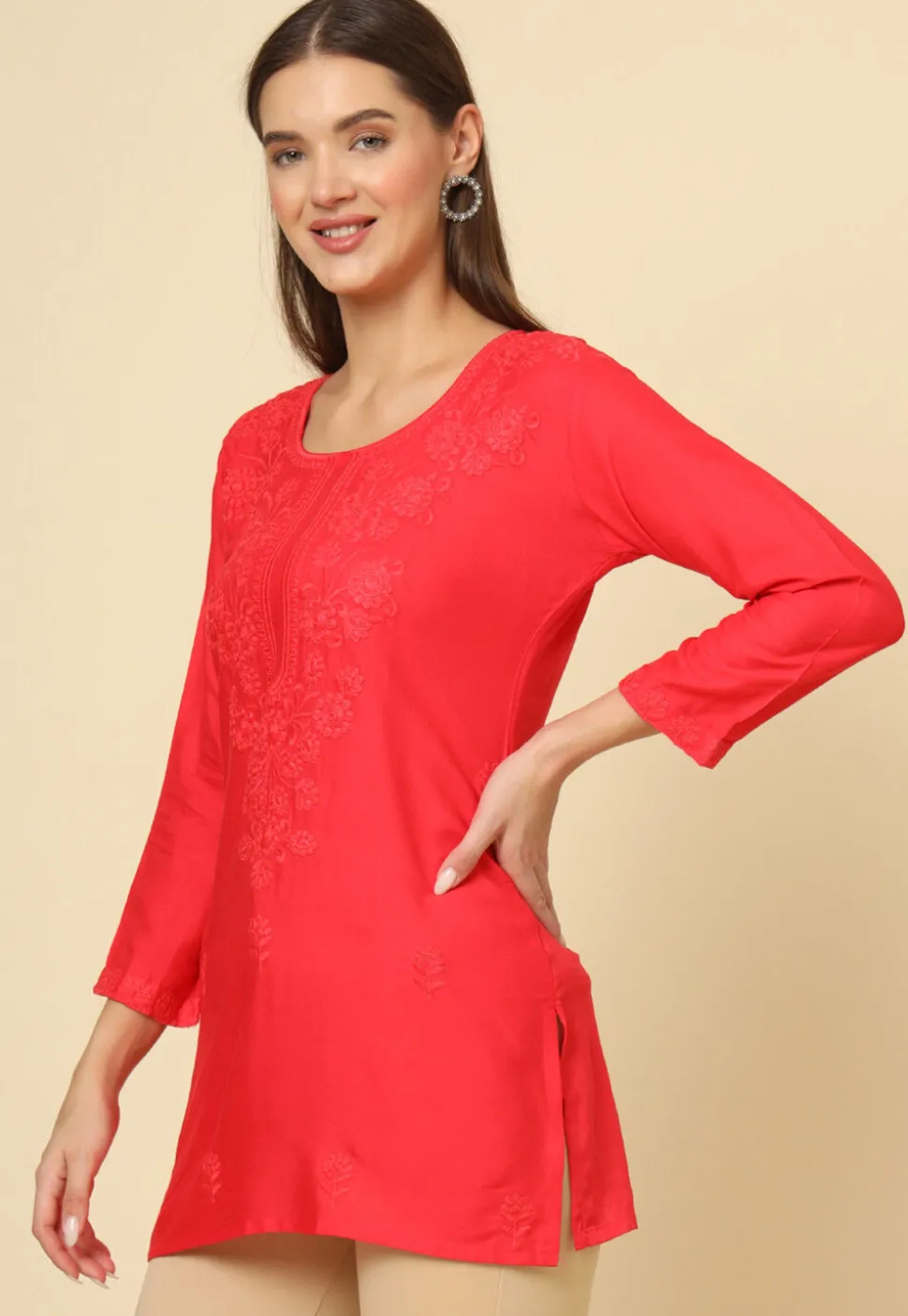 Embroidered Rayon Straight Kurti in Red