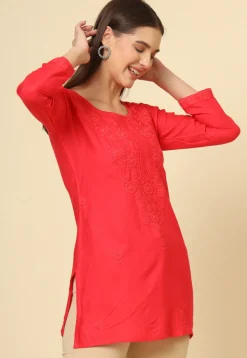 Embroidered Rayon Straight Kurti in Red