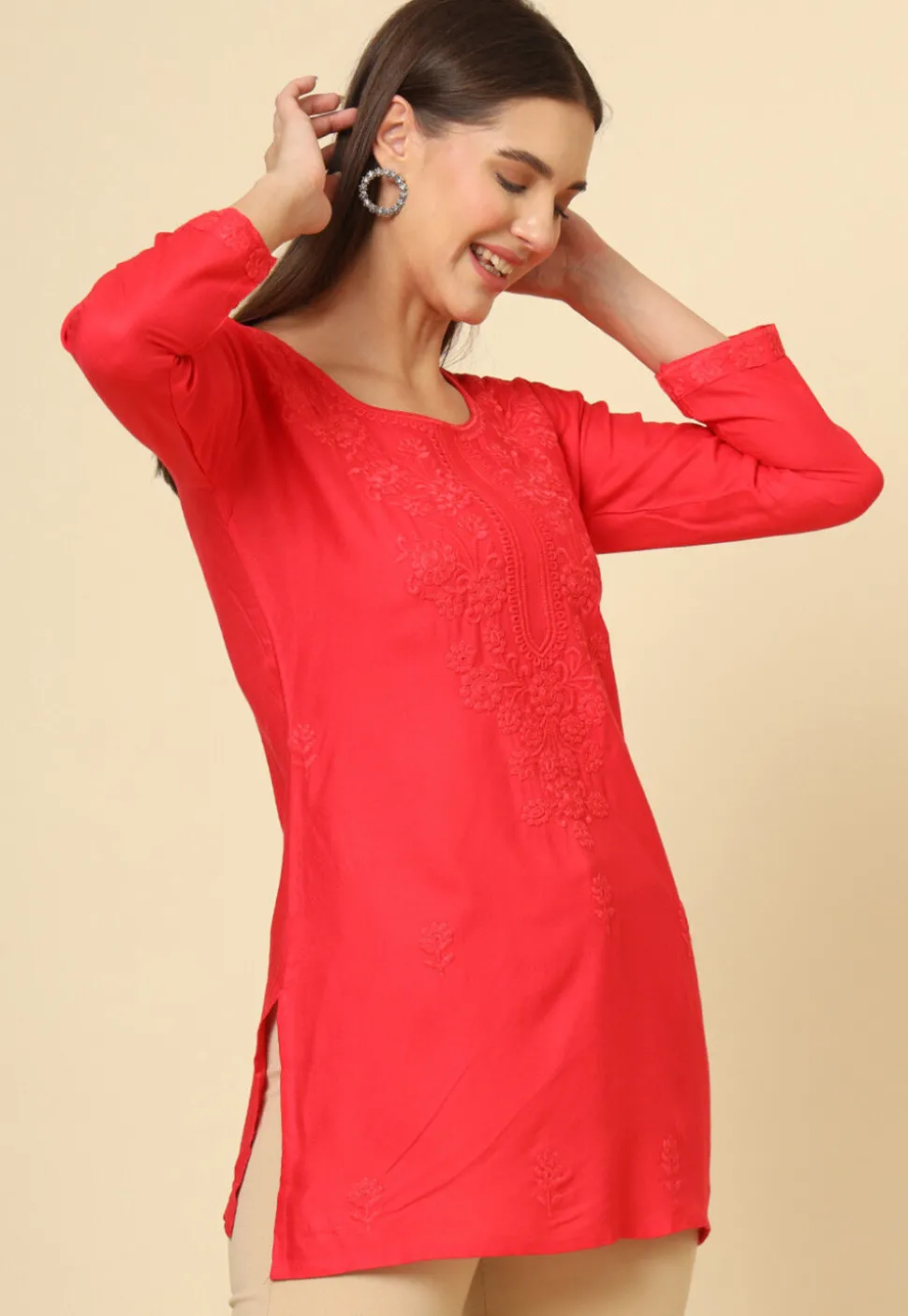 Embroidered Rayon Straight Kurti in Red