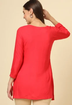 Embroidered Rayon Straight Kurti in Red