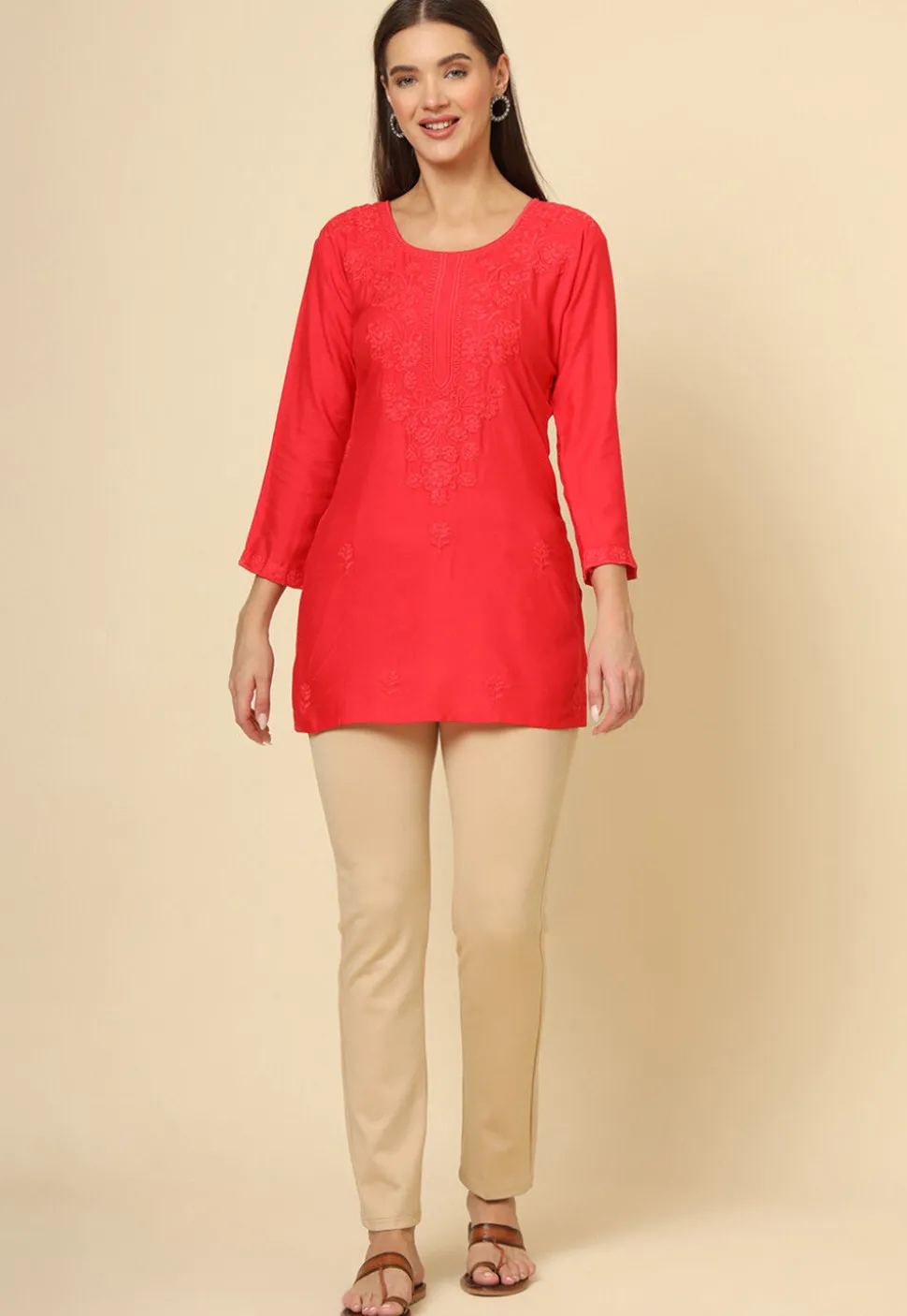 Embroidered Rayon Straight Kurti in Red