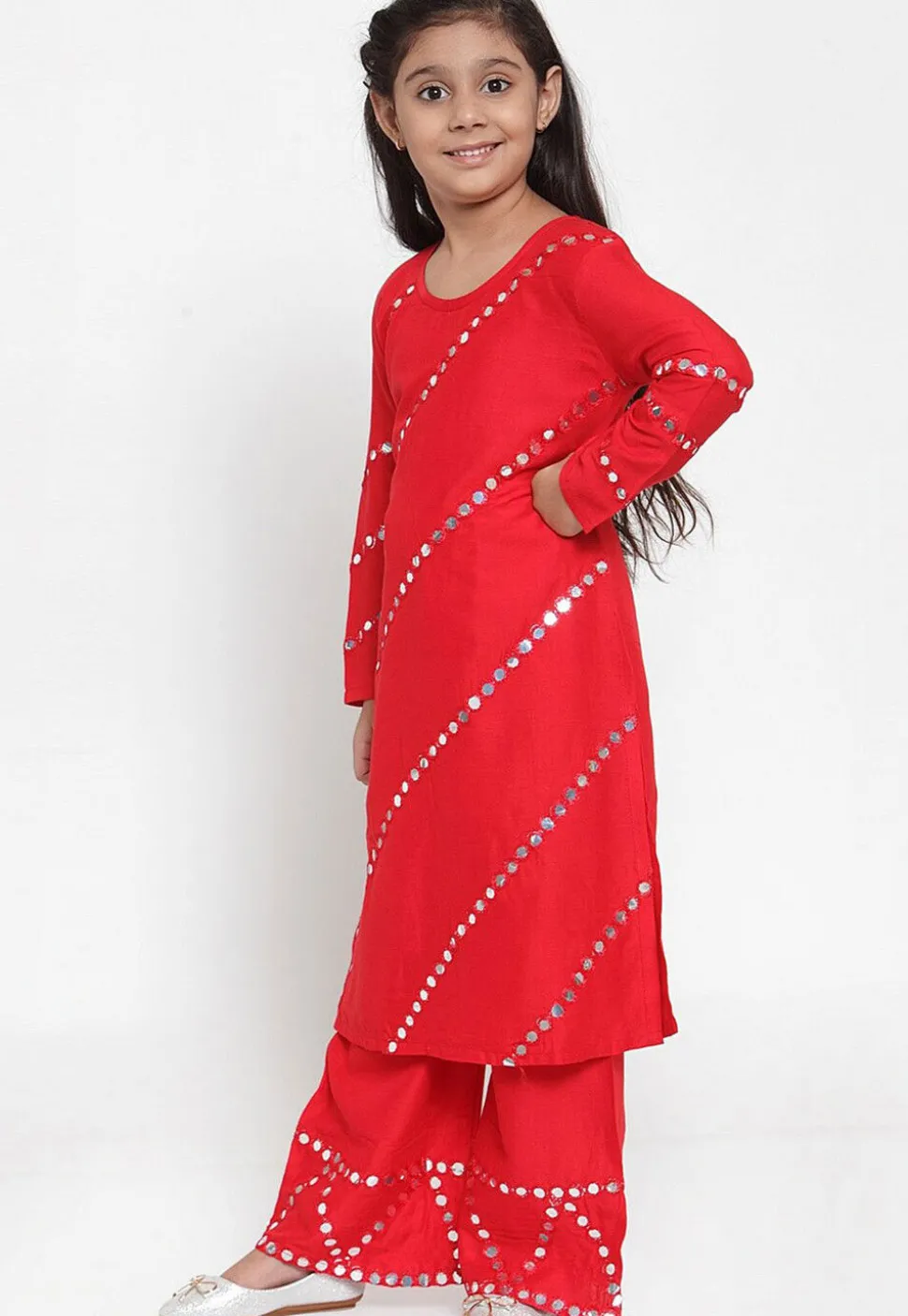 Embroidered Rayon Straight Kurta Set in Red