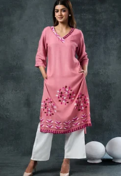 Embroidered Rayon Straight Kurta Set in Pink