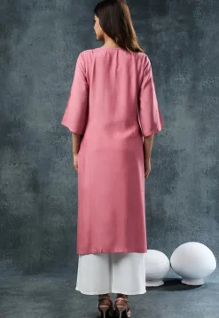 Embroidered Rayon Straight Kurta Set in Pink