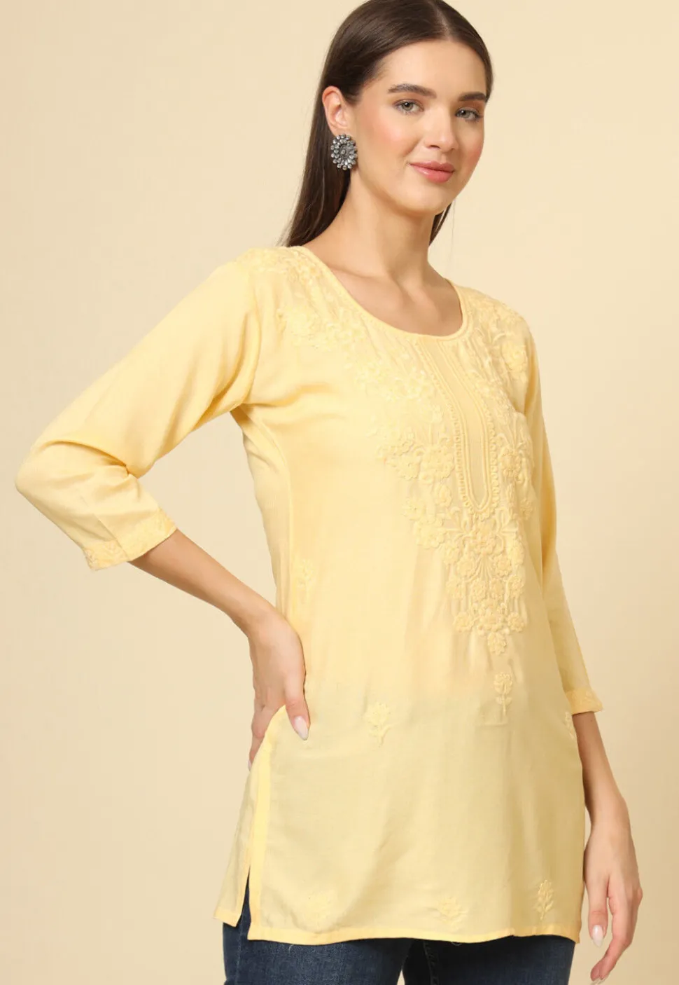 Embroidered Rayon Straight Kurti in Yellow