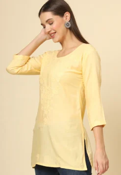 Embroidered Rayon Straight Kurti in Yellow