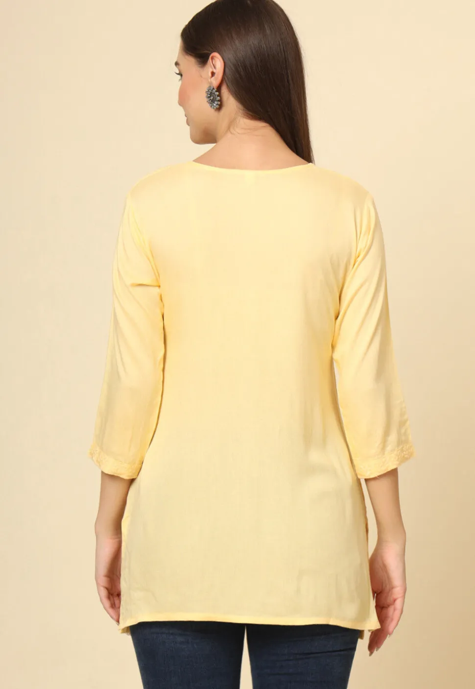 Embroidered Rayon Straight Kurti in Yellow