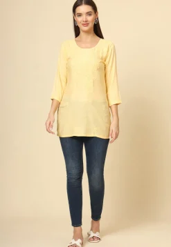 Embroidered Rayon Straight Kurti in Yellow