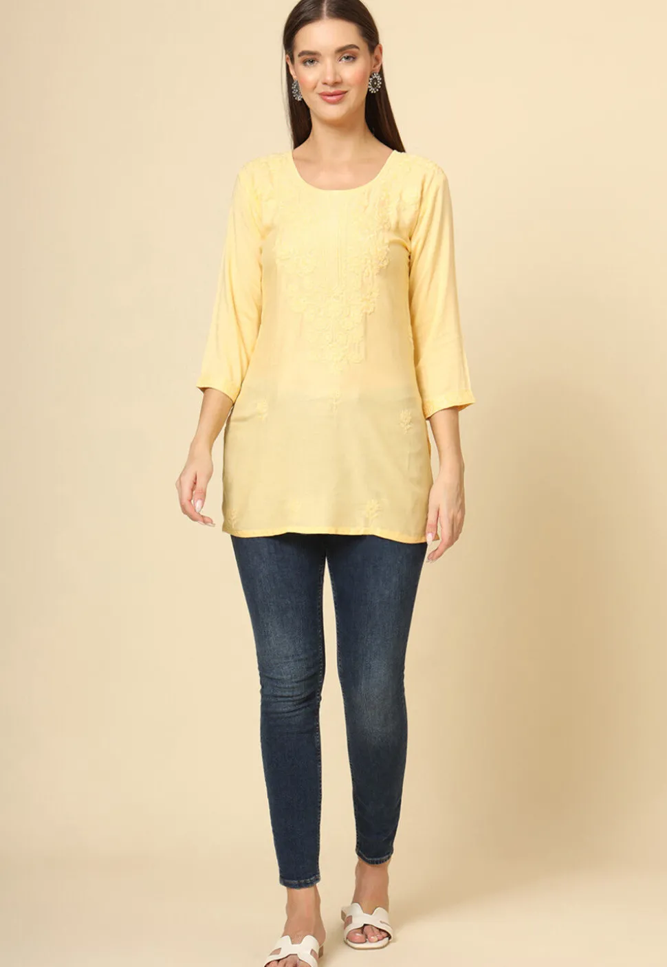 Embroidered Rayon Straight Kurti in Yellow