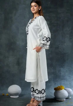 Embroidered Rayon Straight Kurta Set in White